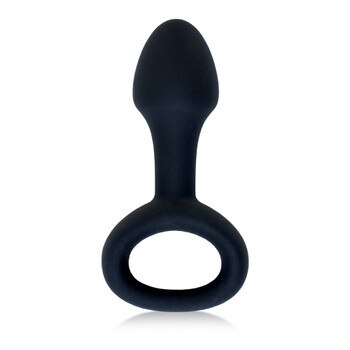An upright frontal view of the symmetrical black anal pleasure plug Booty Call. It is made of solid black silicone and has a flared retrieval ring on the bottom for safety and easy removal.