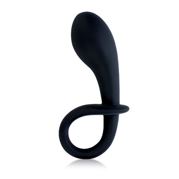An image of our P-Curious black silicone pleasure plug for prostate stimulation. The plug is curved with a base that curls in on itself to form a handle and extraction ring.