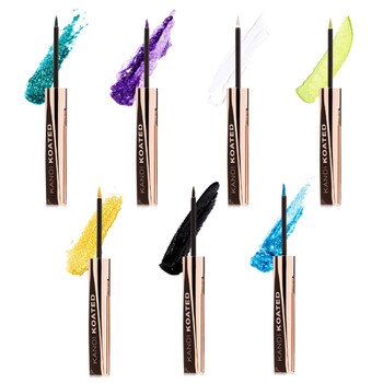 An image of all 7 provocative eyeliners in open tubes with swatches of color behind them