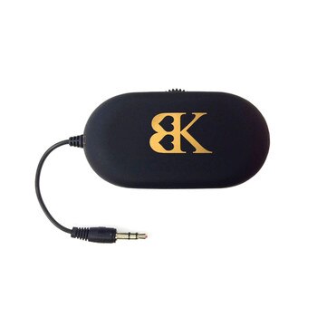 An image of a black transmitter device with the BK logo on it and a short cable with a connecting jack.