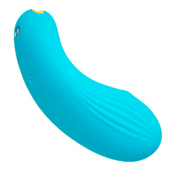 An angled side view of Bedroom Kandi Ripple, a turquoise clitoral vibrator with an ergonomic shape and a pleasure pearl to stroke and please