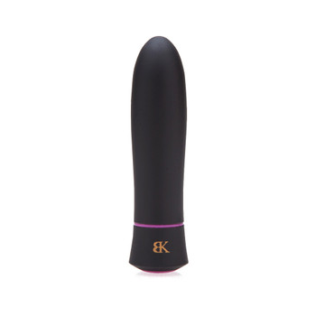 An image of Rock It. It is a small slim black silicone bullet massager standing upright on its end on a white background. The BK logo is visible on the end cap.