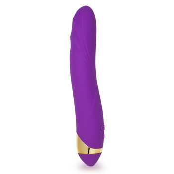 A side view of Your Highness from the Royal Treatment collection. It is a smooth, slightly curved purple vibrator with gentle ridging around the shaft and a gold ring near the base.