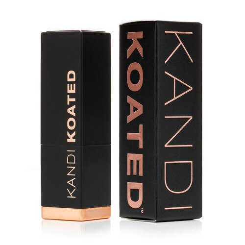 A closed black and rose gold tube of Kandi Koated Satin lipstick with the black and rose gold box beside it.