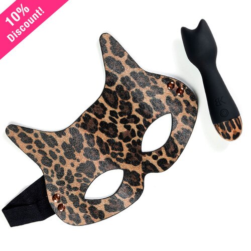 Sex Kitten black and leopard print wand vibrator with cat mask, 15% off