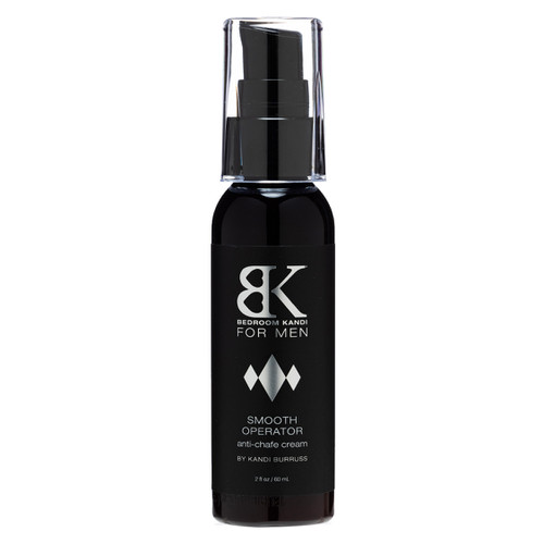 A 2oz black bottle with pump cap of Bedroom Kandi For Men Smooth Operator anti-chafe cream.
