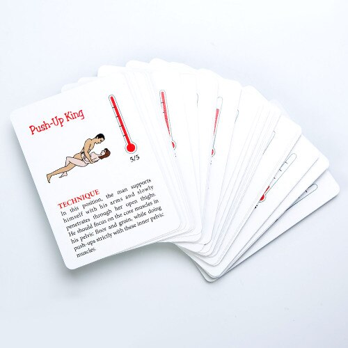 An image of the cards in Strike a Pose, face up and fanned out. The cards have descriptions and illustrations of different sex positions. The top card reads "push up king"