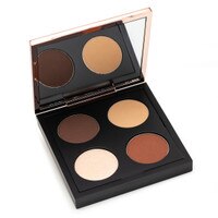 An open black square eye shadow compact with a rose gold lid containing a mirror, and four rounds of eyeshadow. The image depicts the Throwing Shades Exposed palette.