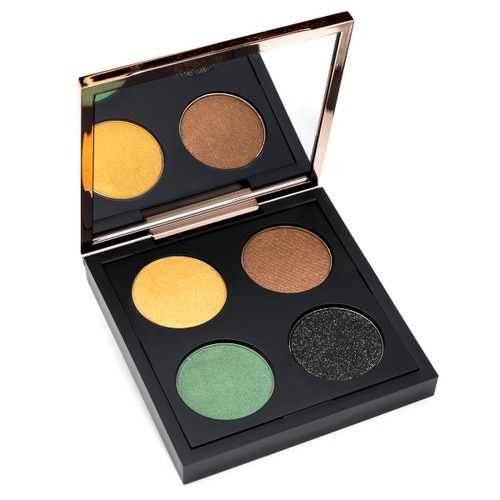 An open black square eye shadow compact with a rose gold lid containing a mirror, and four rounds of eyeshadow. The image depicts the Throwing Shades Safari palette.