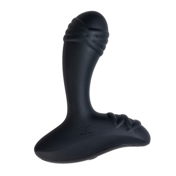 An image of Thrust: a black, ridged, vaguely T-shaped prostate massager with a flared insertable plug with ridges for added sensation. There are also ridges on the flared base.