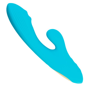 An angled side view of the Bedroom Kandi Tidal Wave: a turquoise dual-stim vibrator with a tickler and independently-moving pleasure pearls in the shaft.