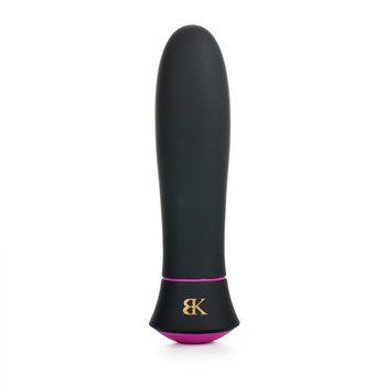 An image of the Turbo waterproof massager standing on its end on a white background. The massager is black, symmetrical, with a pink base. The BK logo is visible in gold near the bottom.