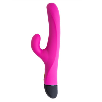 A side view of the Twice As Nice dual-stim massager. The massager is pink with a long, gently-curving shaft and a clitoral tickler. The end cap of the handle is black.