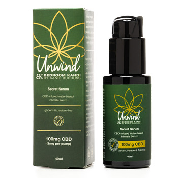 An image of our Unwind Lubricant pump-bottle beside the box that it is packaged in. The label is green and gold with Bedroom Kandi's Unwind design.