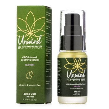 A small pump-cap bottle of Unwind Soothing Serum next to the box it comes in, both with the green and gold Unwind brand theme.