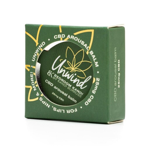 An image of the small green box containing the unwind arousal balm, the tin visible through a round cutout window