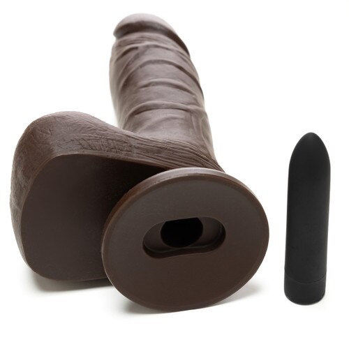 Bottom view of the Vibin D dildo and removable vibrating bullet with the gap for the bullet's insertion