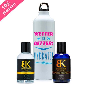 An image of a water bottle and two lubricants in the Wetter is Better Giftset