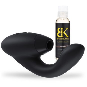 An image of the Womanizer Duo and Bedroom Kandi's 2oz chocolate lubricant on a white background