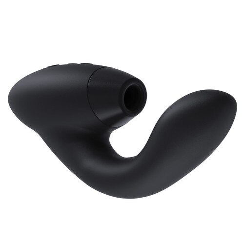 An image of the black womanizer duo clitoral suction and g-spot vibe on a white background