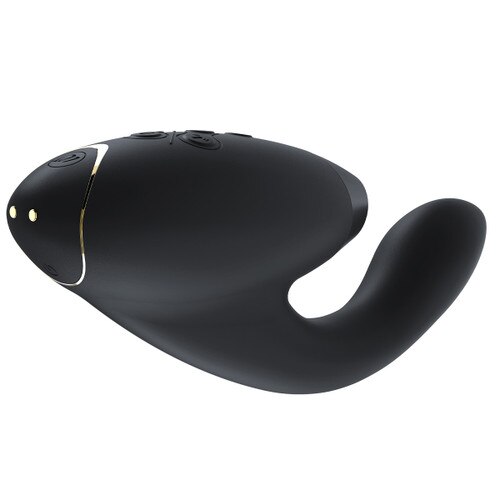 A side view of the black Womanizer Duo vibe with gold accent and magnetic charging